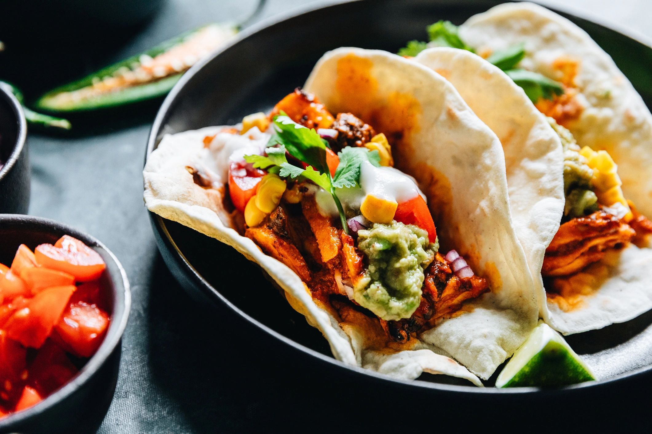 Fresh vegan tacos plated and ready to serve