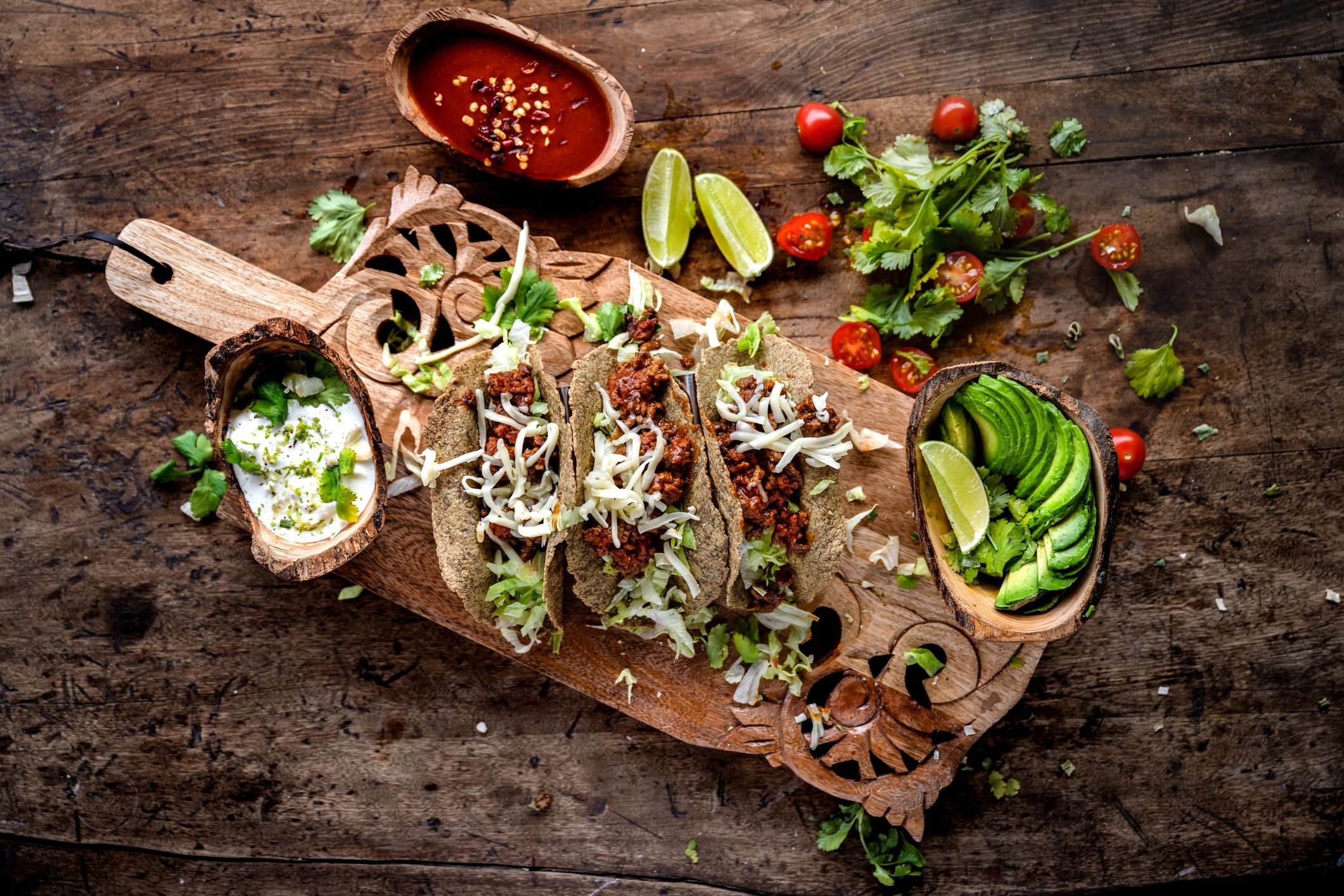 Taco boats arranged on a platter